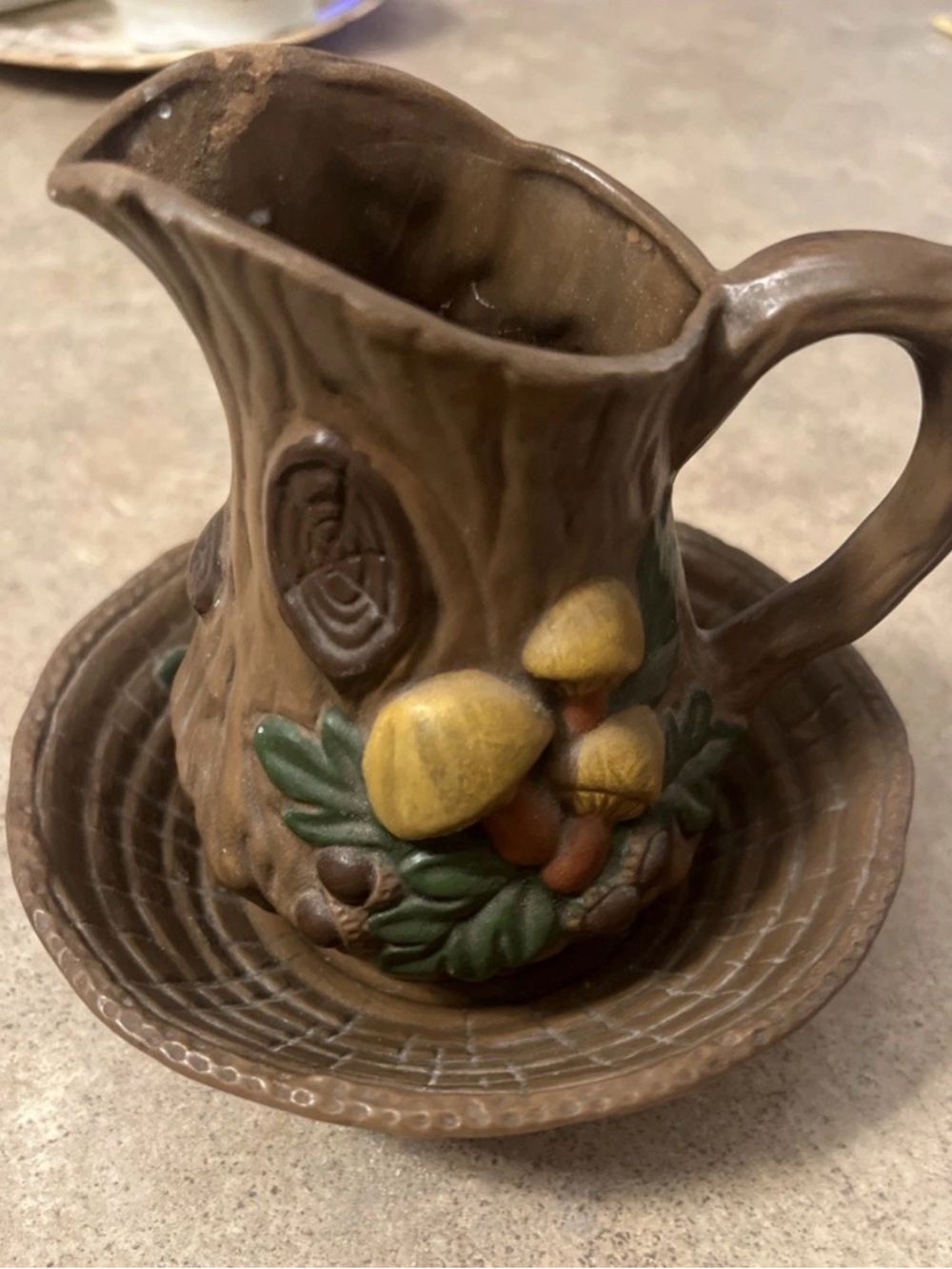 Source Unknown Brown Ceramic Pitcher and Saucer with Yellow Mushroom Motif